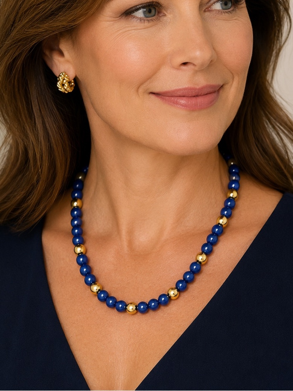Vintage Napier Cobalt Blue Gold Bead Necklace Signed Retro Glam Power Dressing